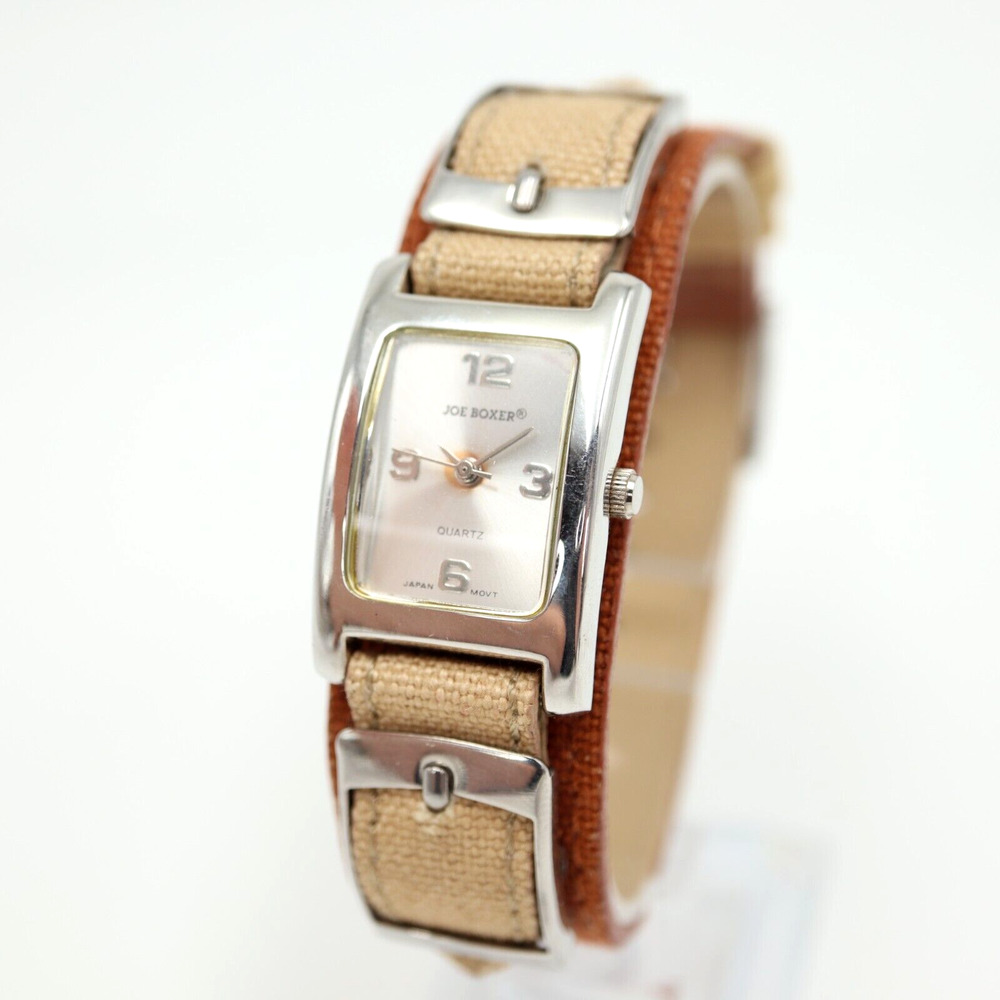 Joe Boxer Womens Tank Watch 21mm Silver Tone Brown Faux Leather w New Battery